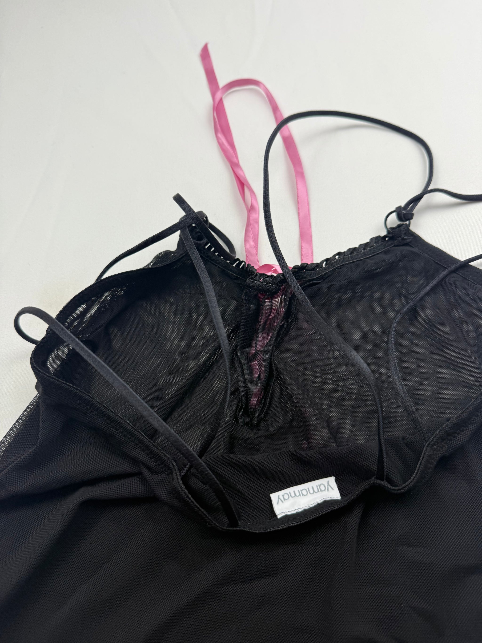 Black & pink mesh lined lace up babydoll cami top (S)