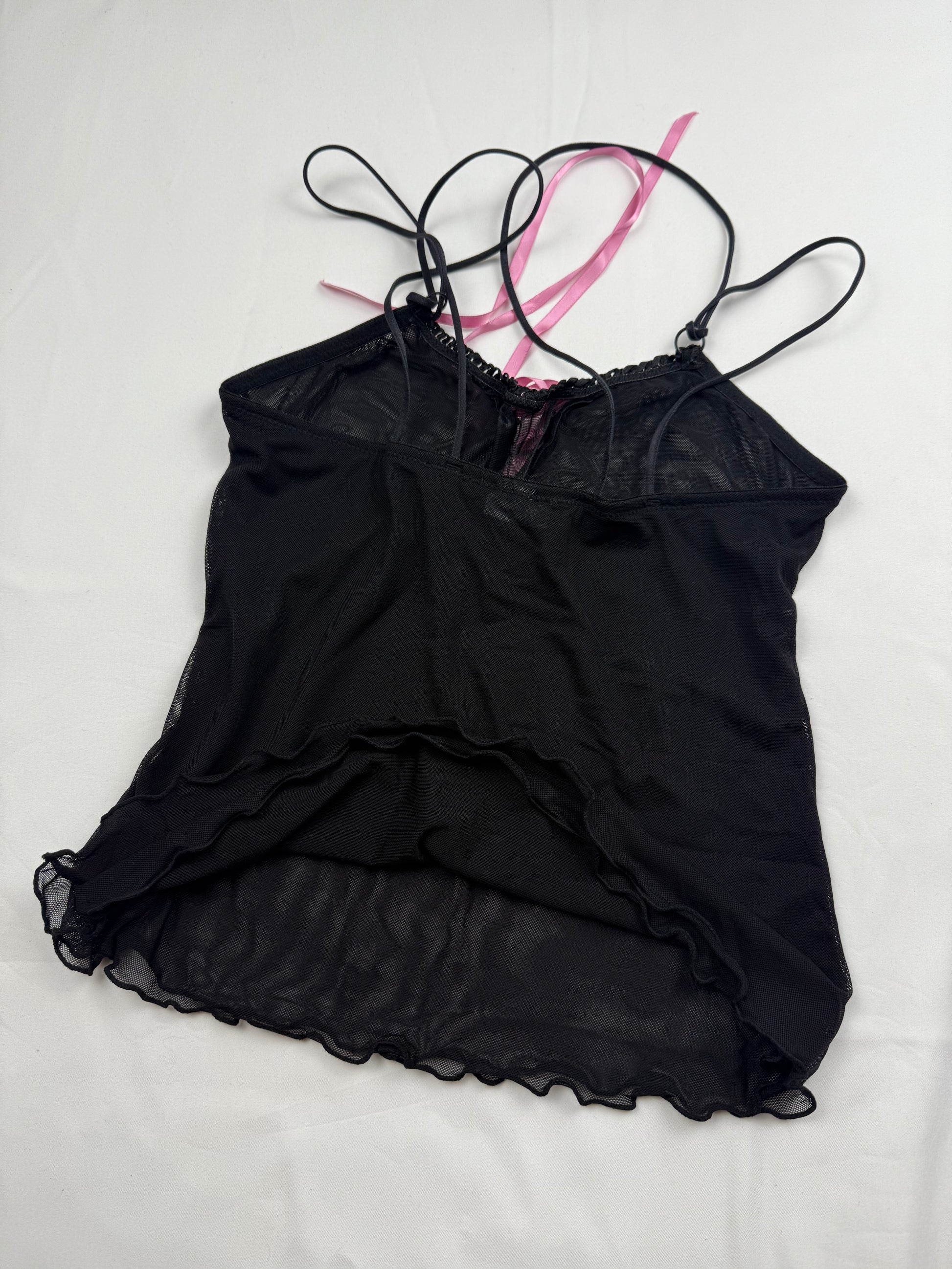Black & pink mesh lined lace up babydoll cami top (S)