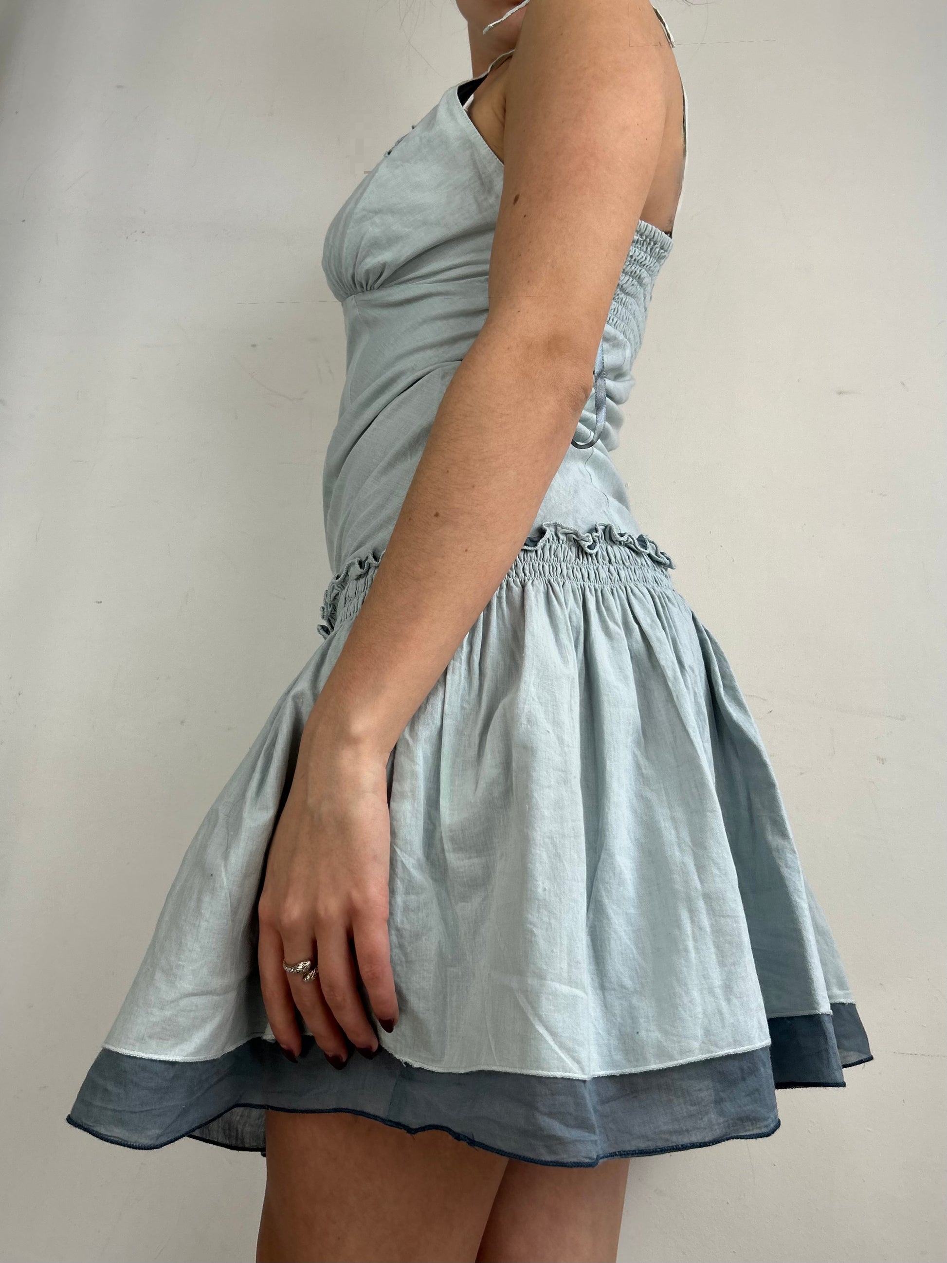 Light blue 100% cotton pleated mini dress (M)