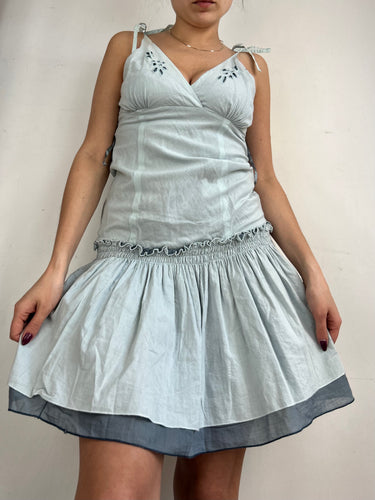 Light blue 100% cotton pleated mini dress (M)
