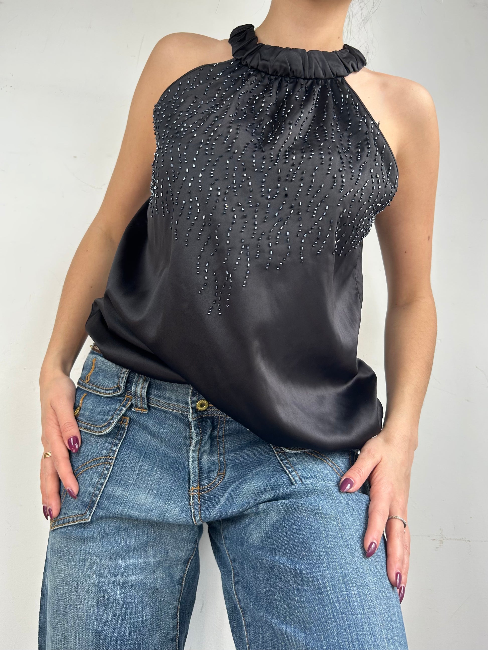 Black silky halter top (M/L)