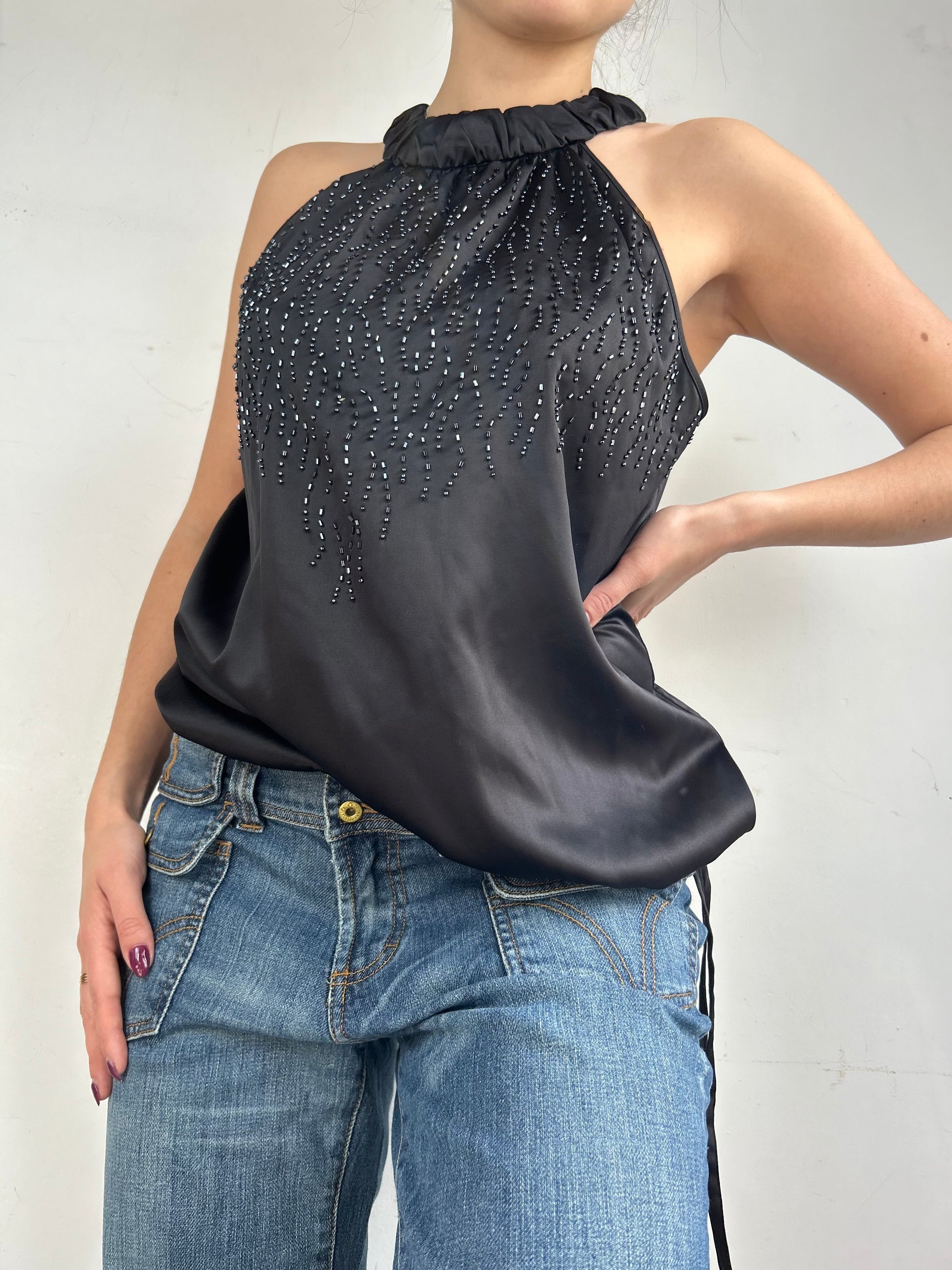 Black silky halter top (M/L)