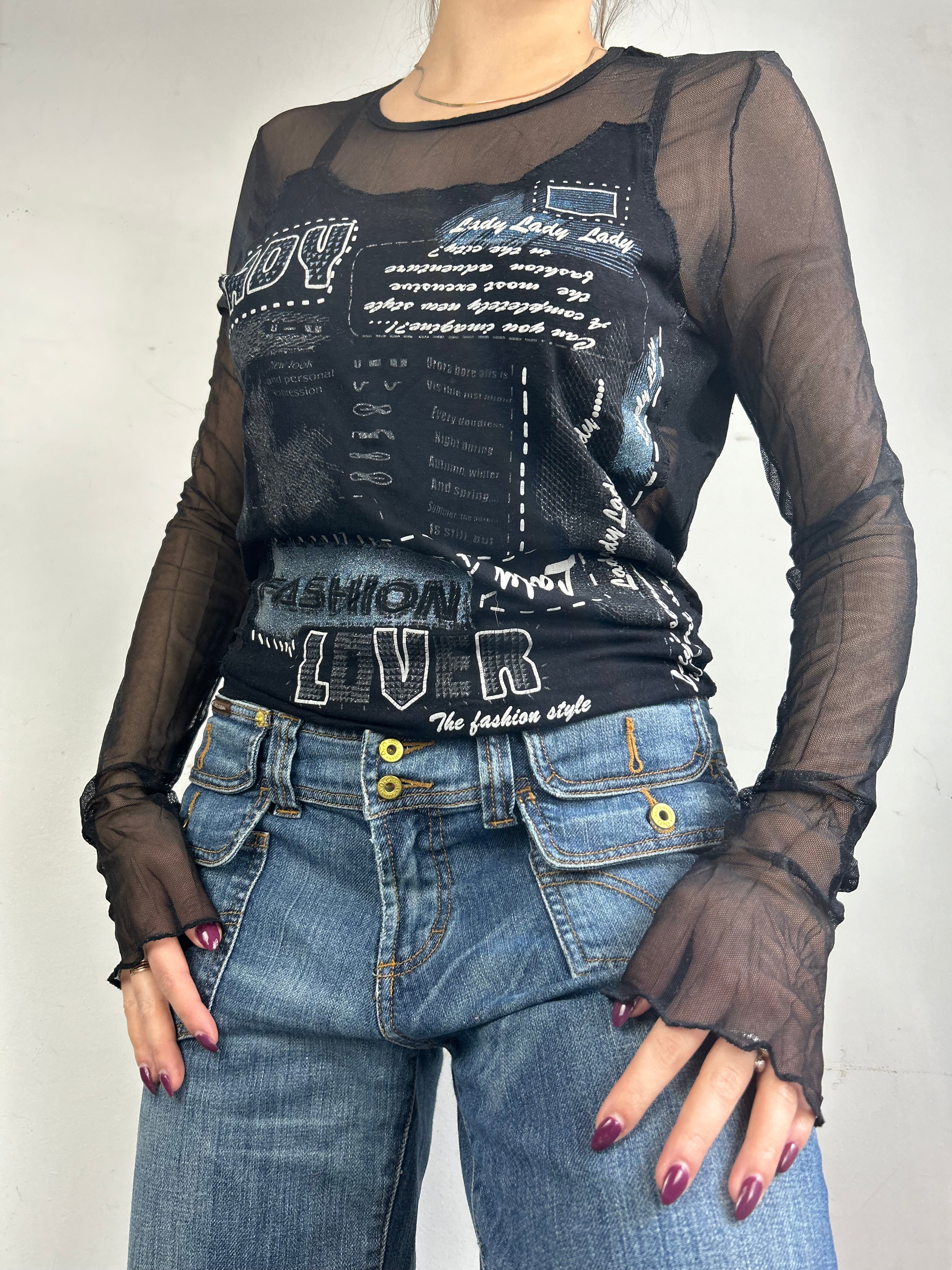 Black graphic top with mesh long sleeves (L)