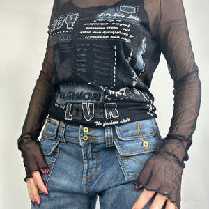 Black graphic top with mesh long sleeves (L)