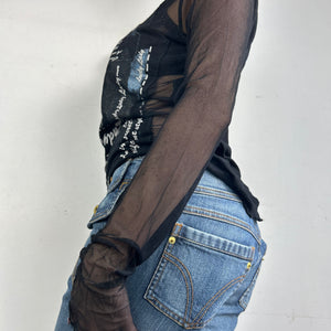 Black graphic top with mesh long sleeves (L)