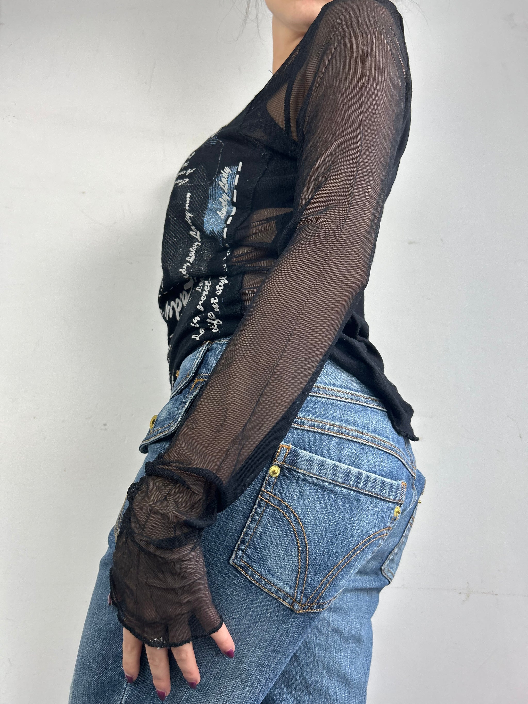 Black graphic top with mesh long sleeves (L)