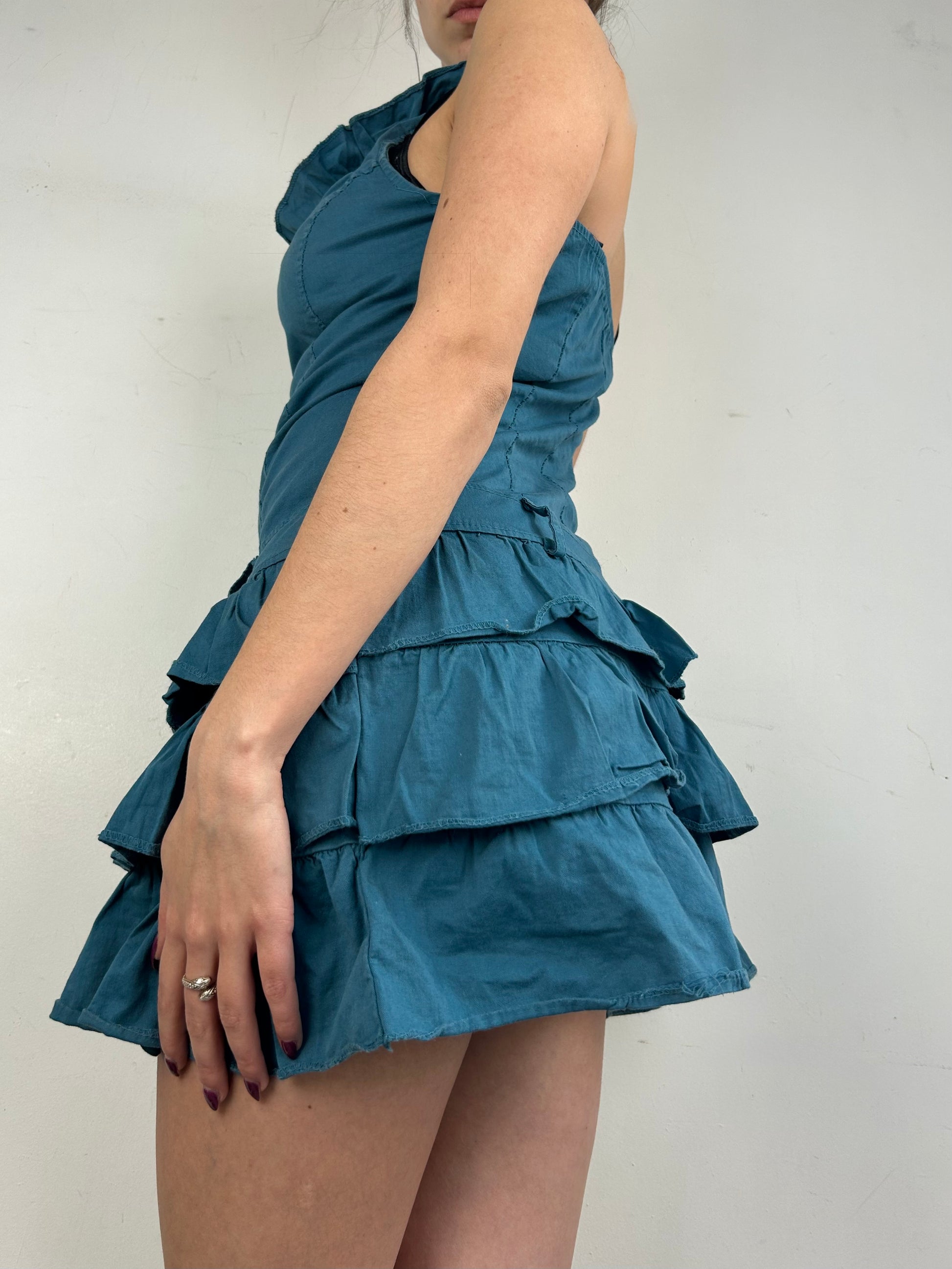 Blue pleated halter mini dress (S)