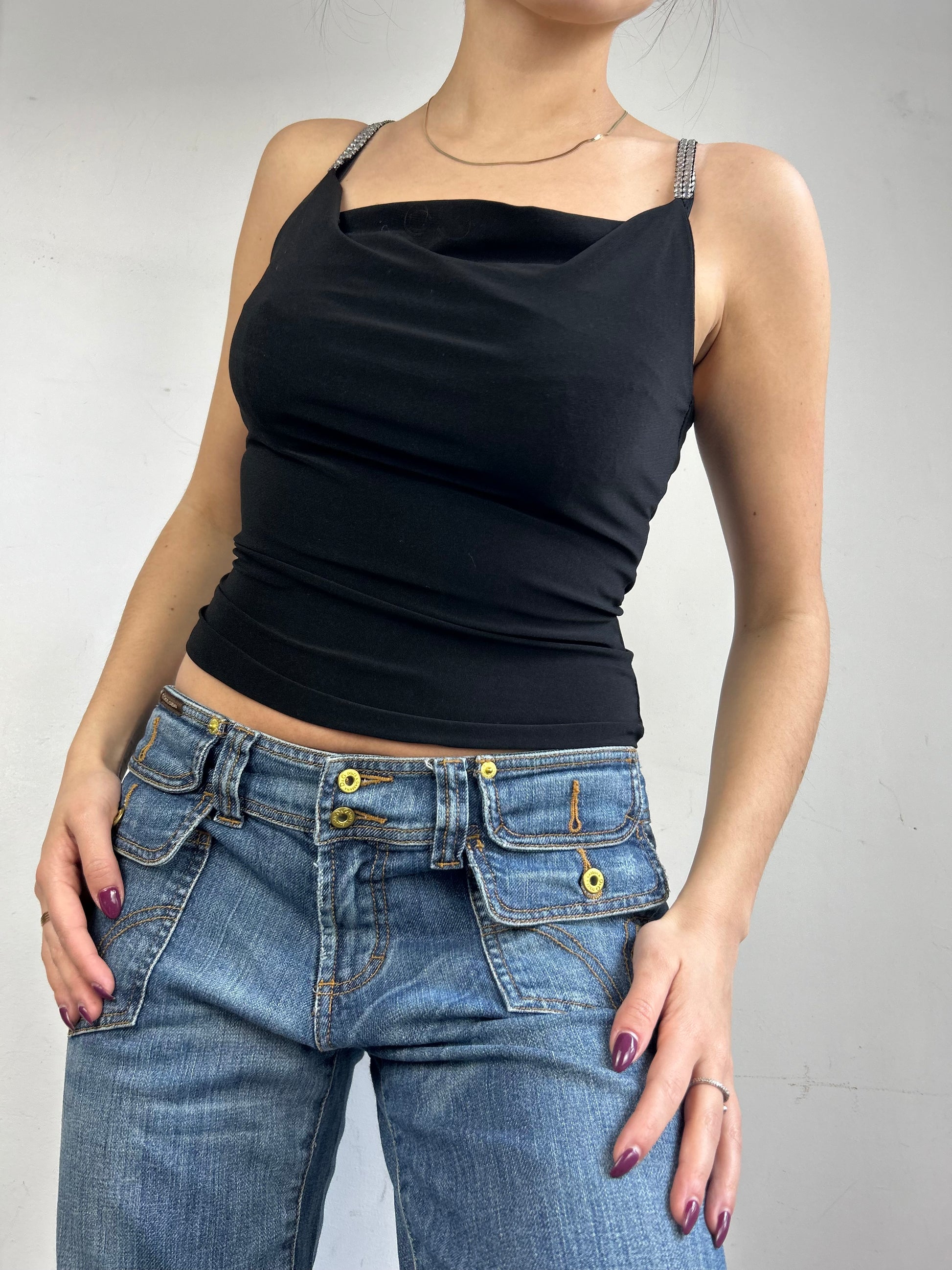 Black rhinestone straps cami top (S/M)