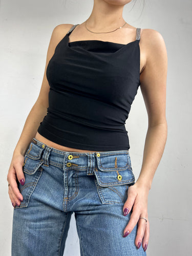 Black rhinestone straps cami top (S/M)