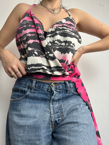 Black & pink graphic print halter top 90s y2k vintage (S/M)