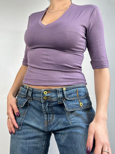 Lilac lycra V neck  long sleeves top (S/M)