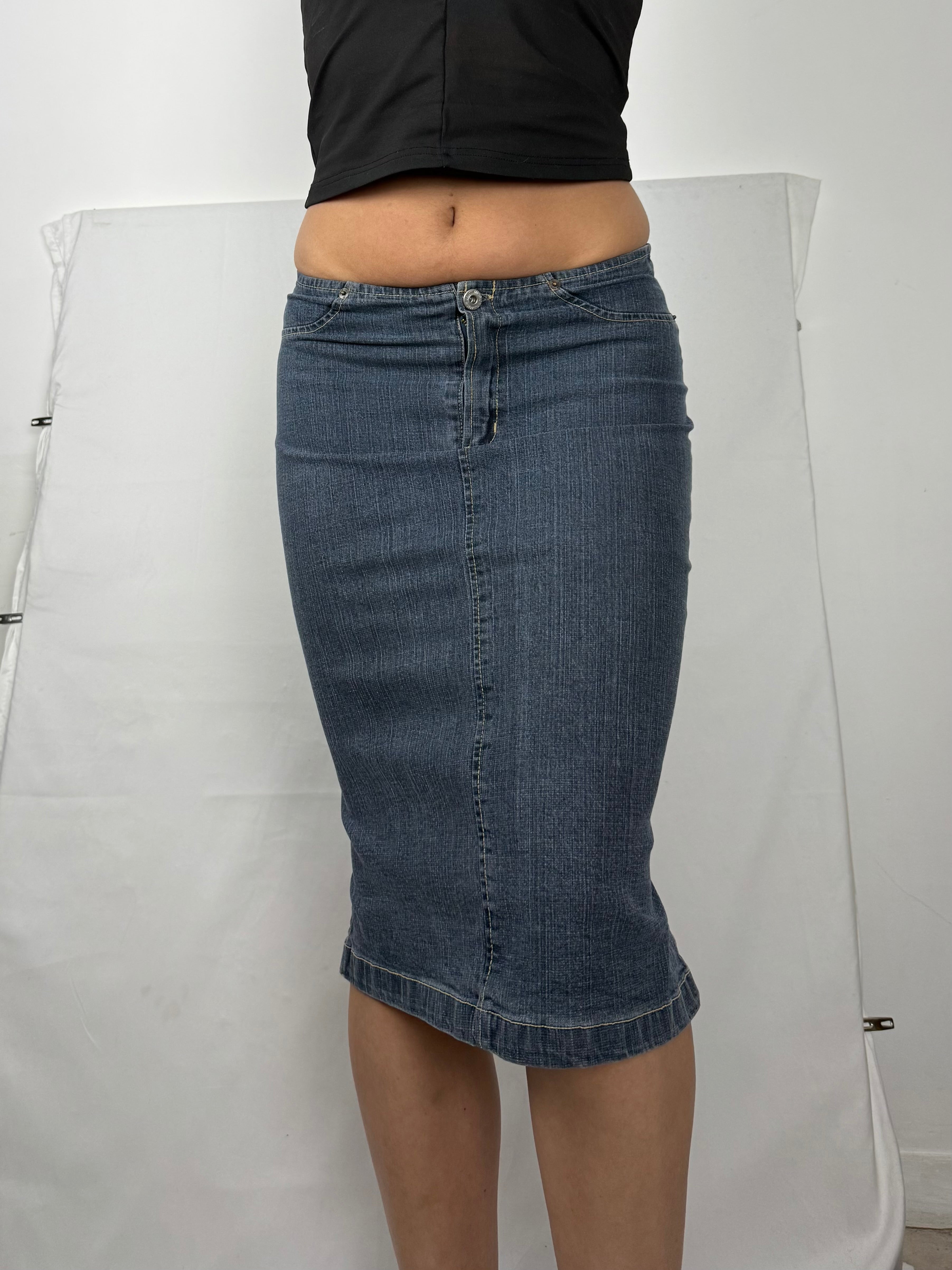 Blue denim low rise maxi skirt (S)