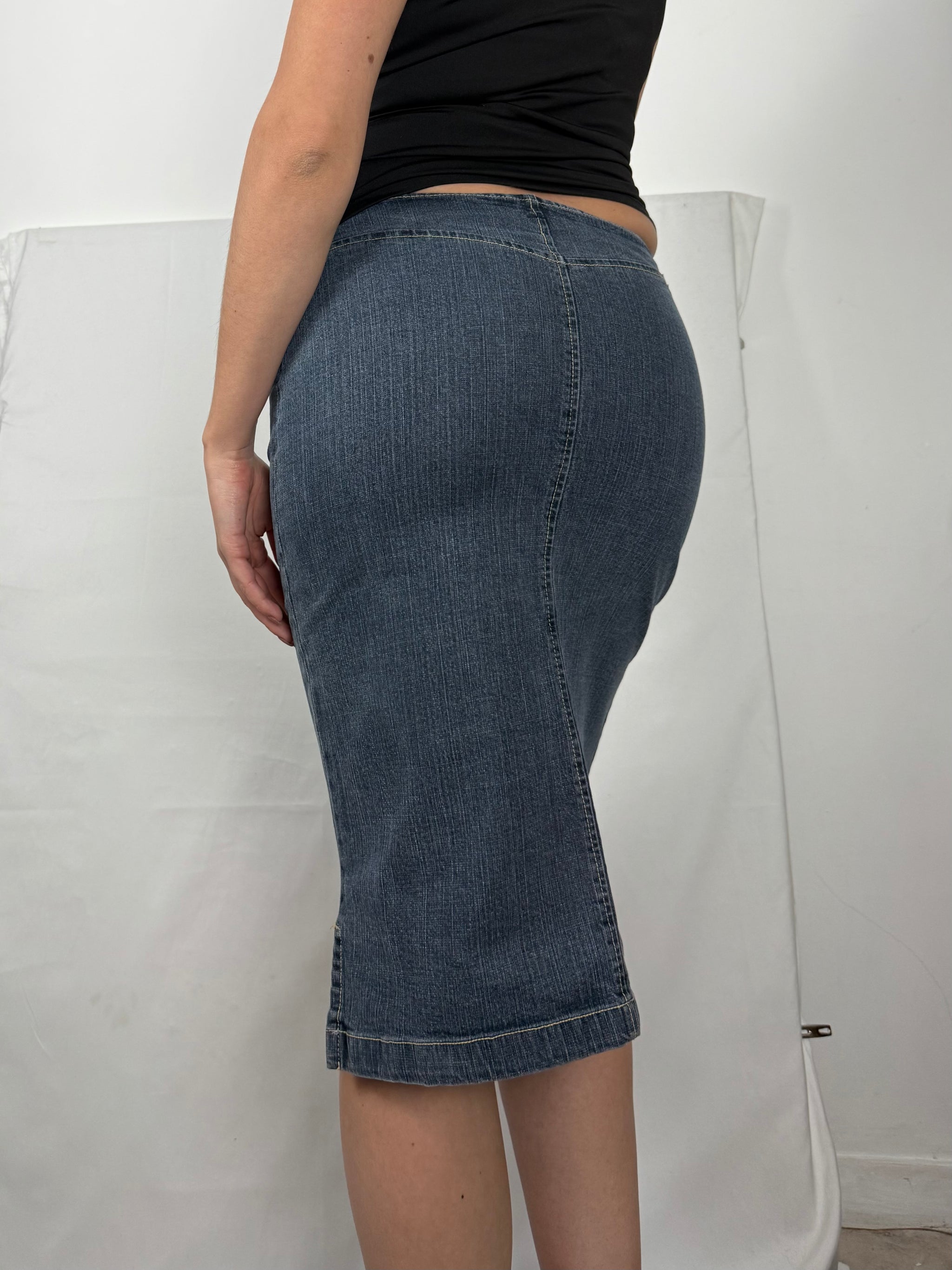 Blue denim low rise maxi skirt (S)
