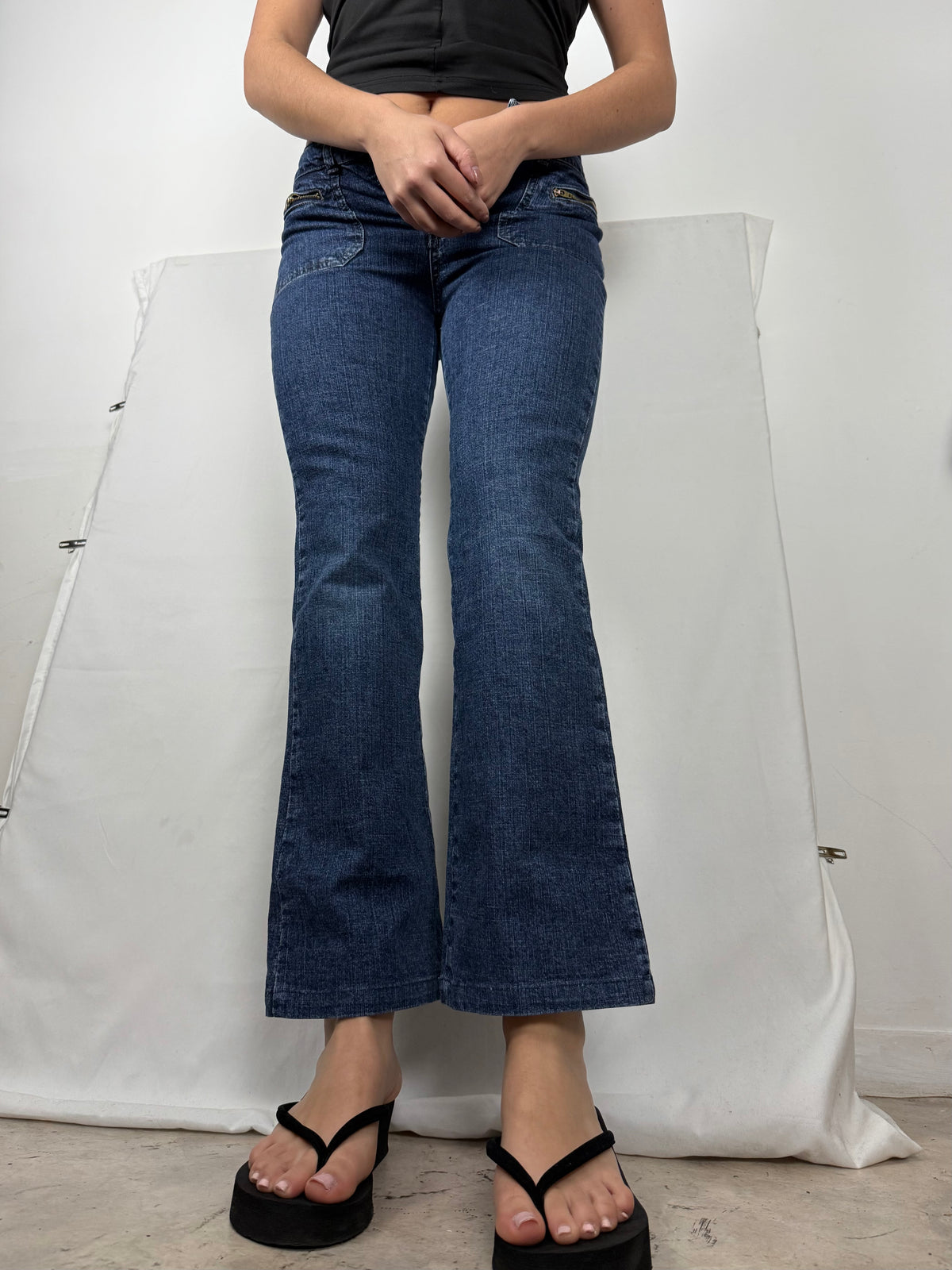 Blue denim low rise flare pants (XS)