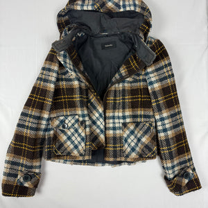 Beige check print hooded wool coat (M)