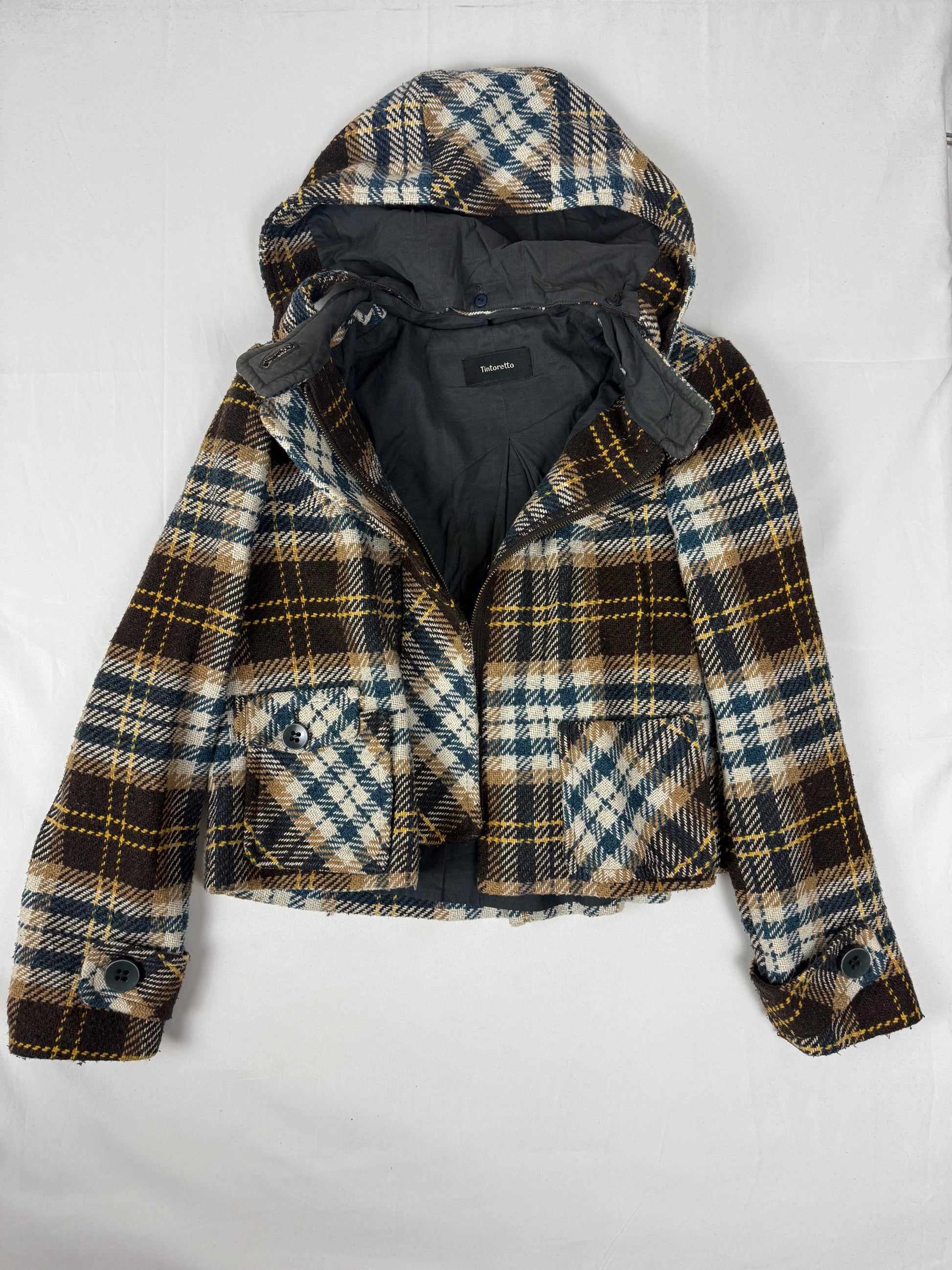 Beige check print hooded wool coat (M)