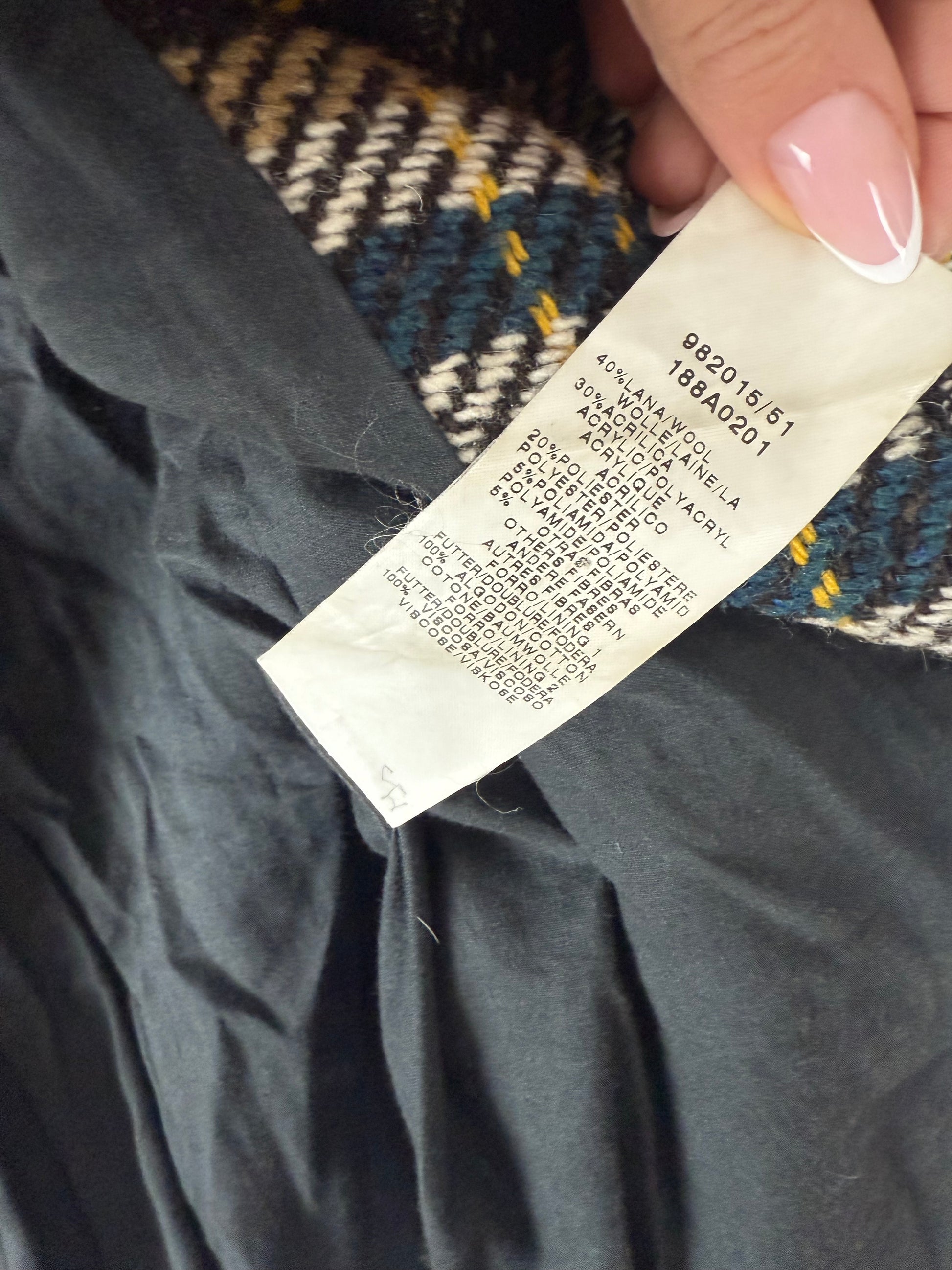 Beige check print hooded wool coat (M)