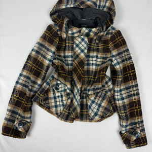 Beige check print hooded wool coat (M)