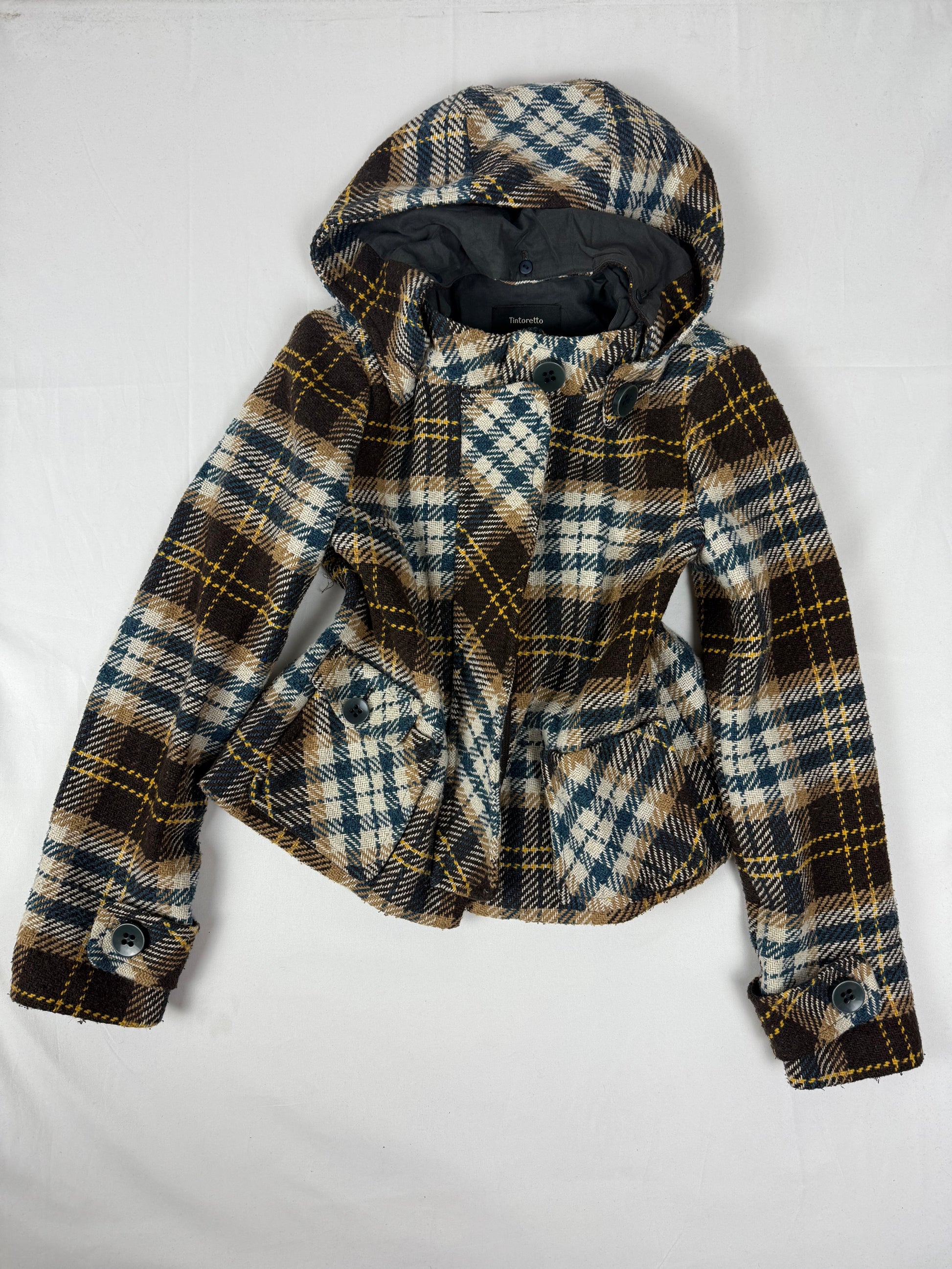 Beige check print hooded wool coat (M)
