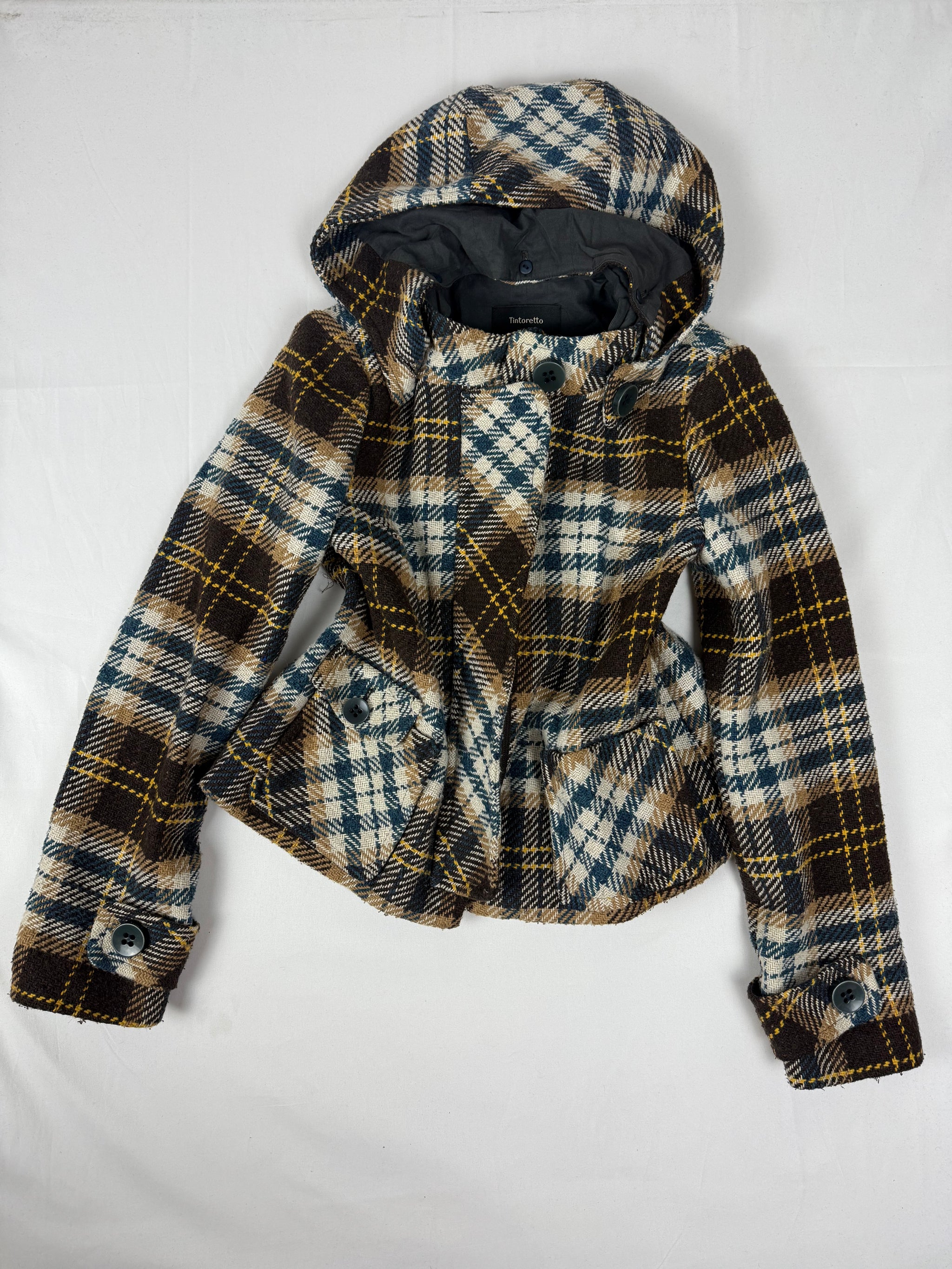 Beige check print mid season hooded caban jacket (M)
