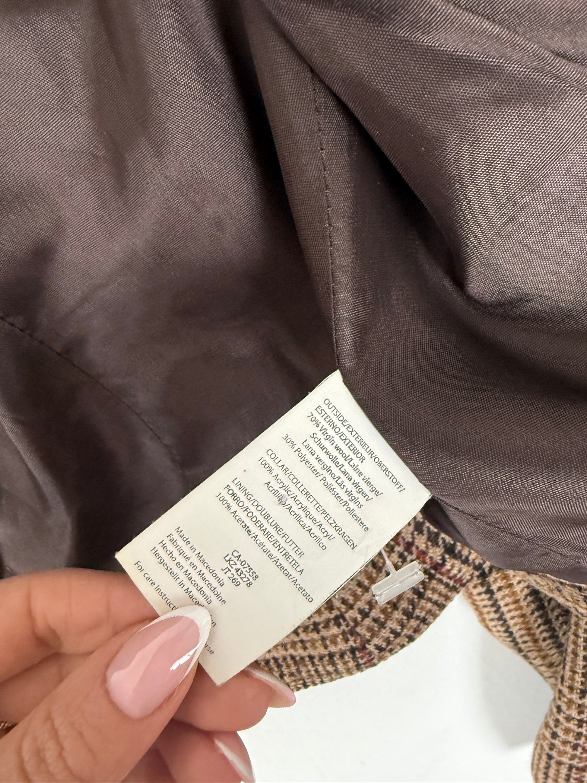 Beige check print wool trench jacket (XL)