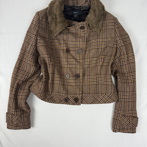 Beige check print wool trench jacket (XL)