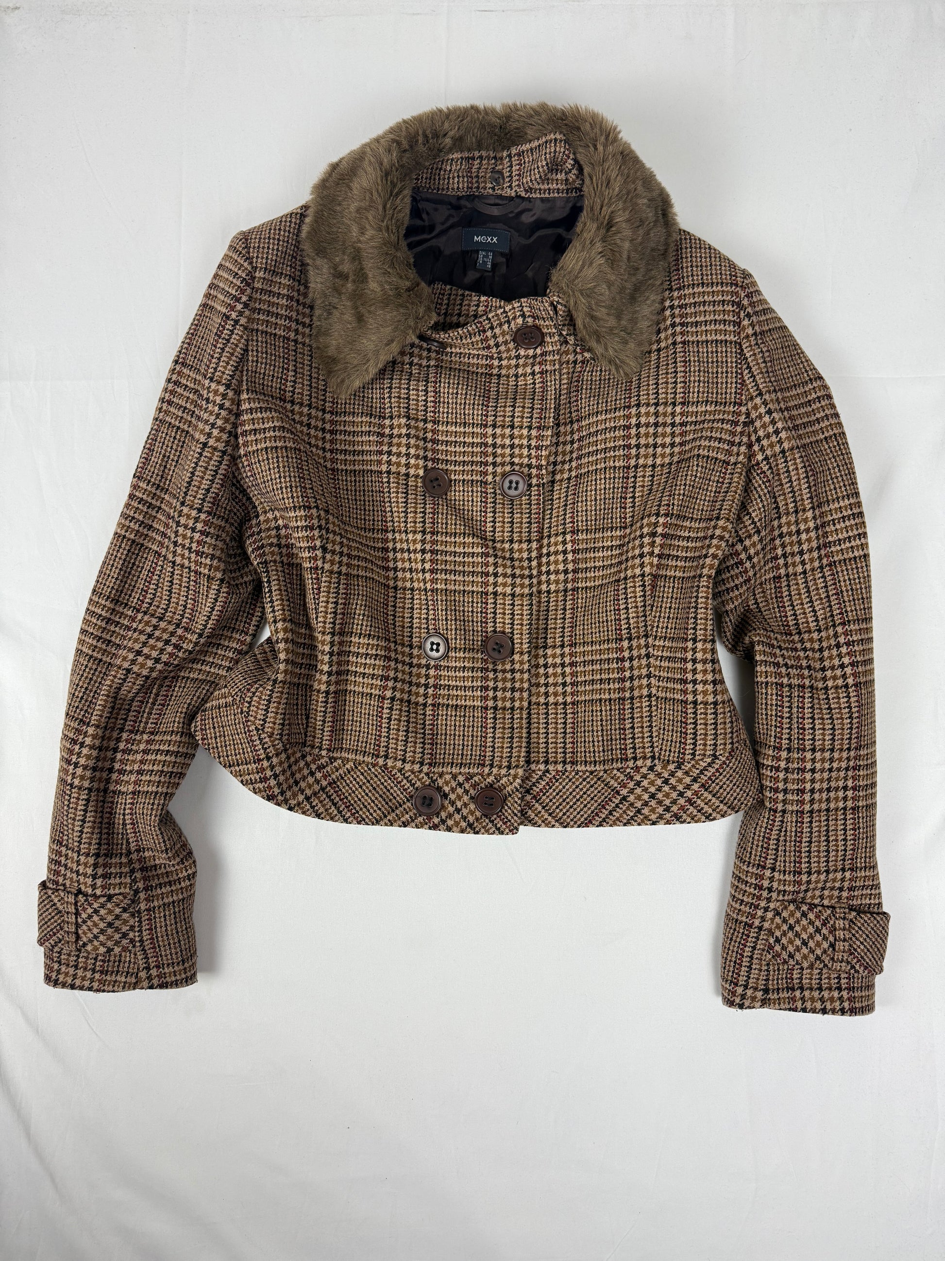 Beige check print wool trench jacket (XL)