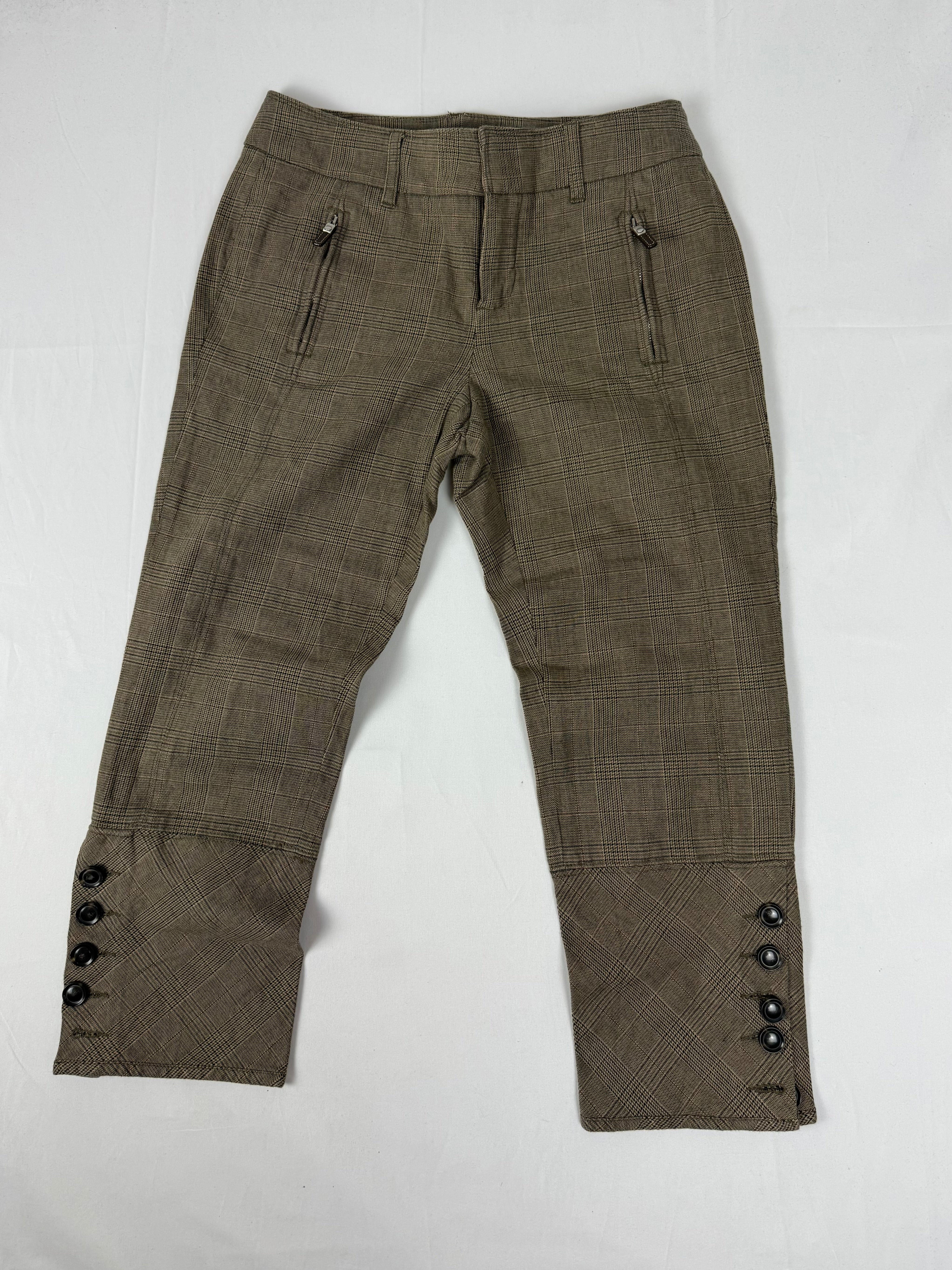 Brown check print low rise capri pants (M)