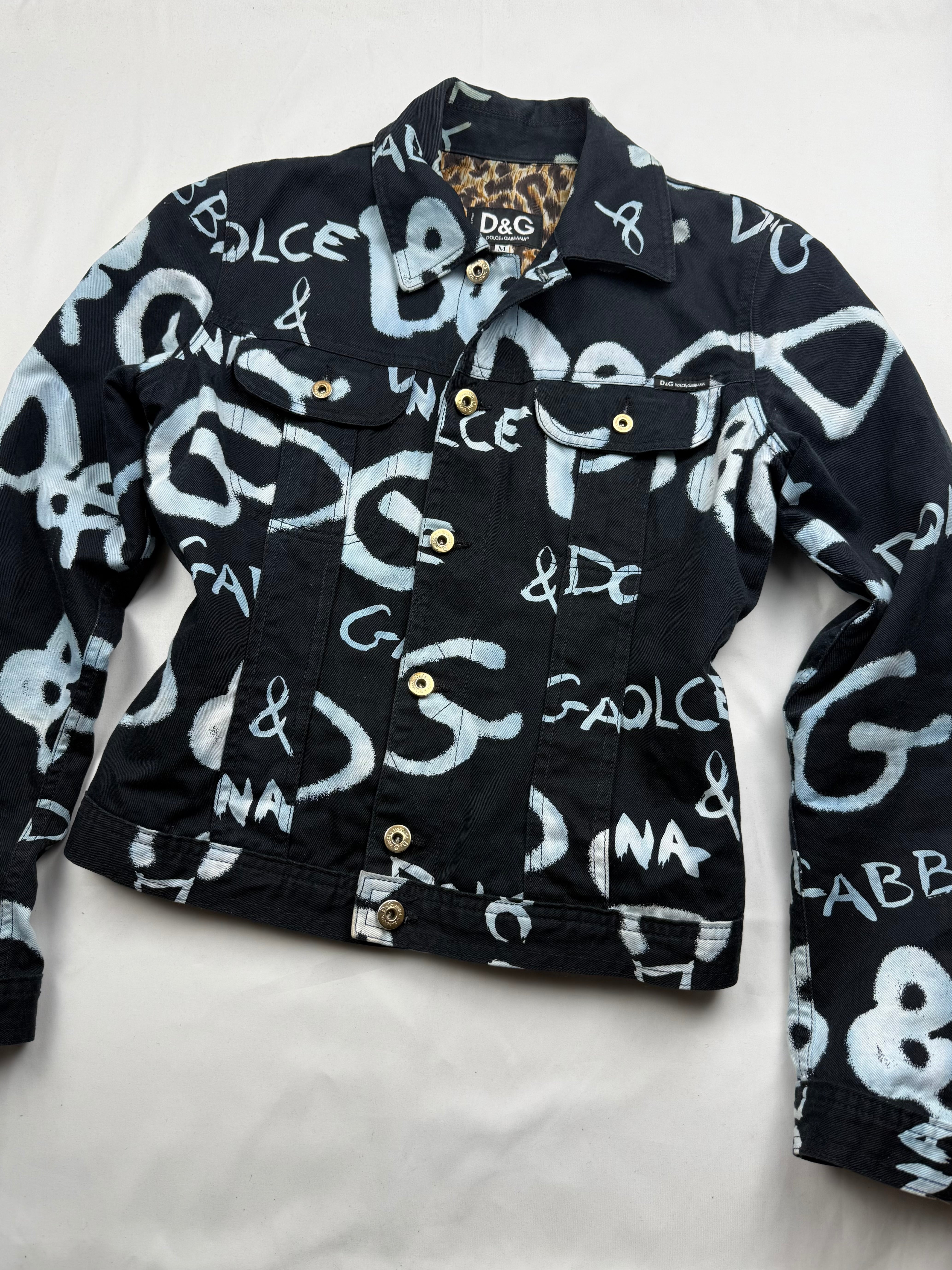 Black graffiti denim tight fit biker jacket (S)