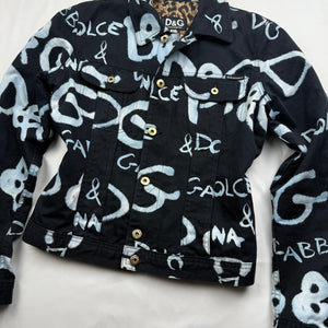 Black graffiti denim tight fit biker jacket (S)