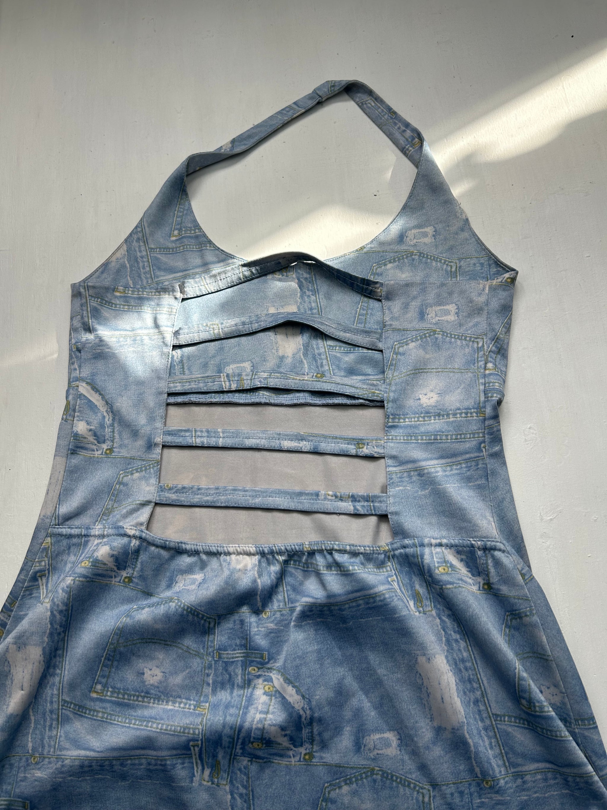 Blue denim graphic backless mini dress (M/L)