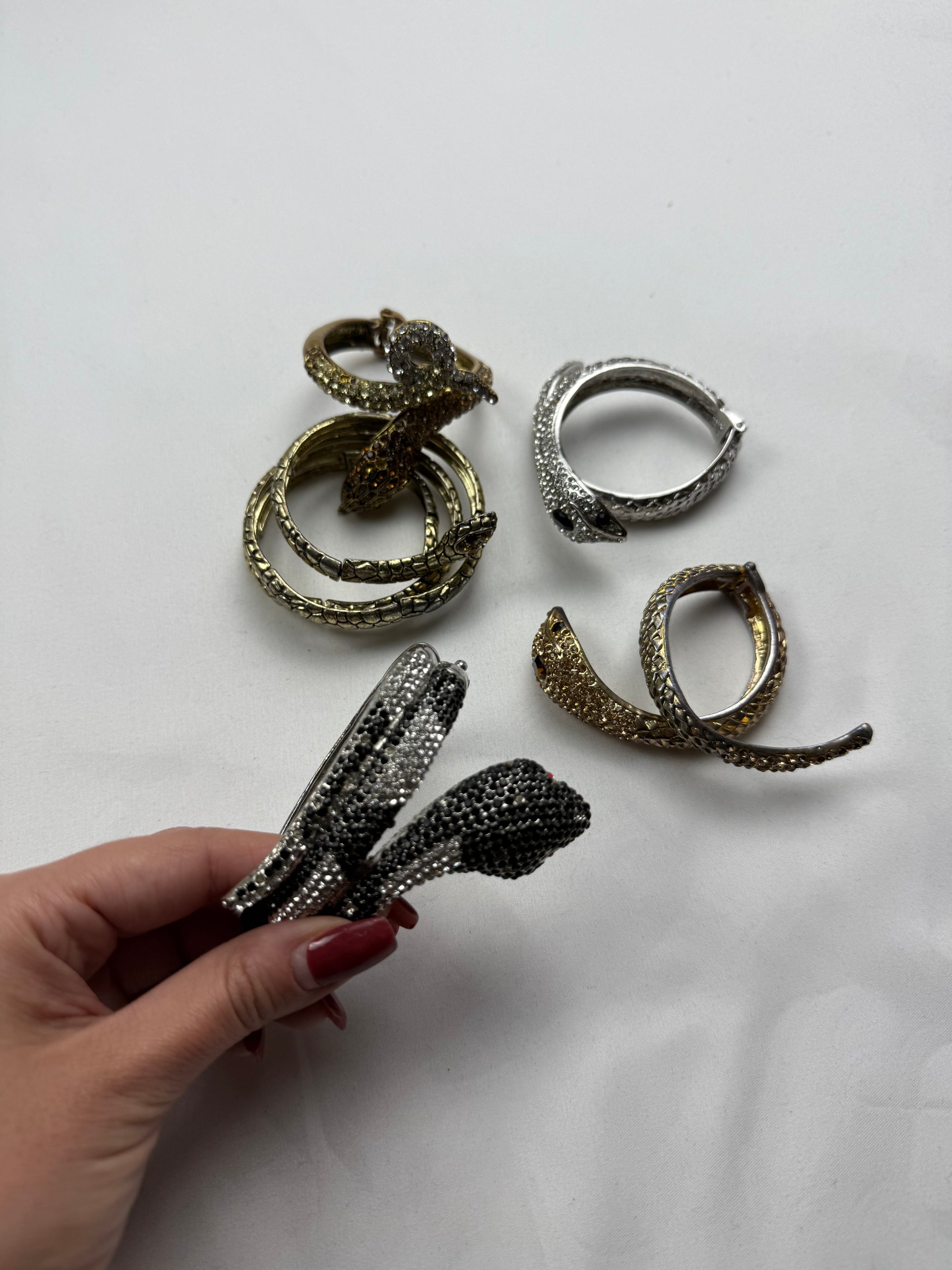 Vintage rhinestones silver snake bangle bracelet