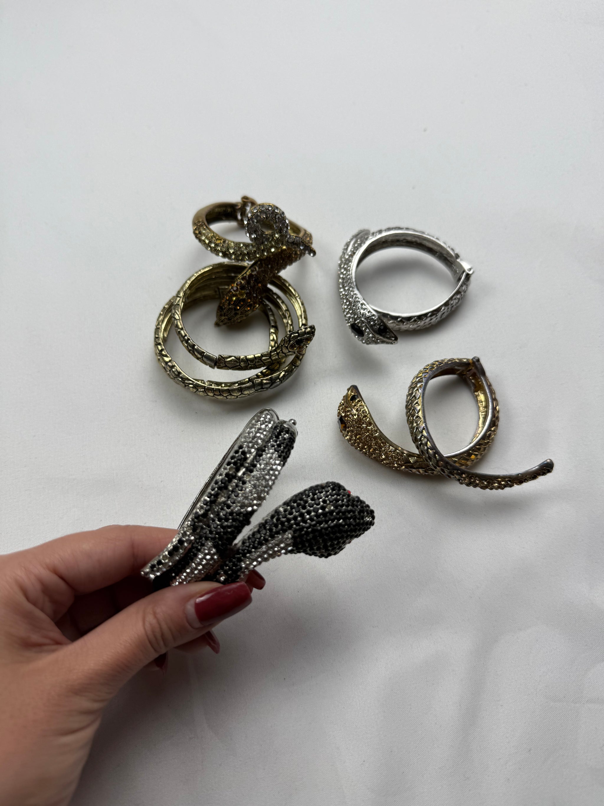 Vintage rhinestones silver snake bangle bracelet