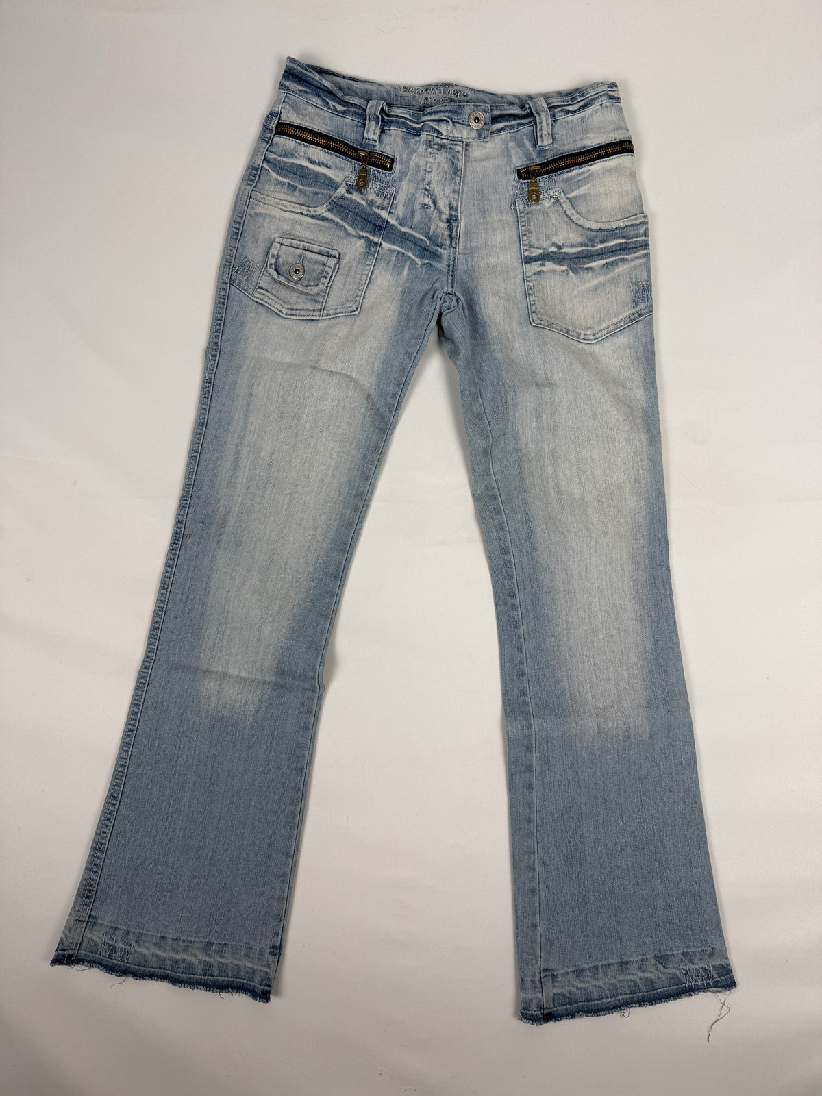 Blue denim low rise flare pants (XS)