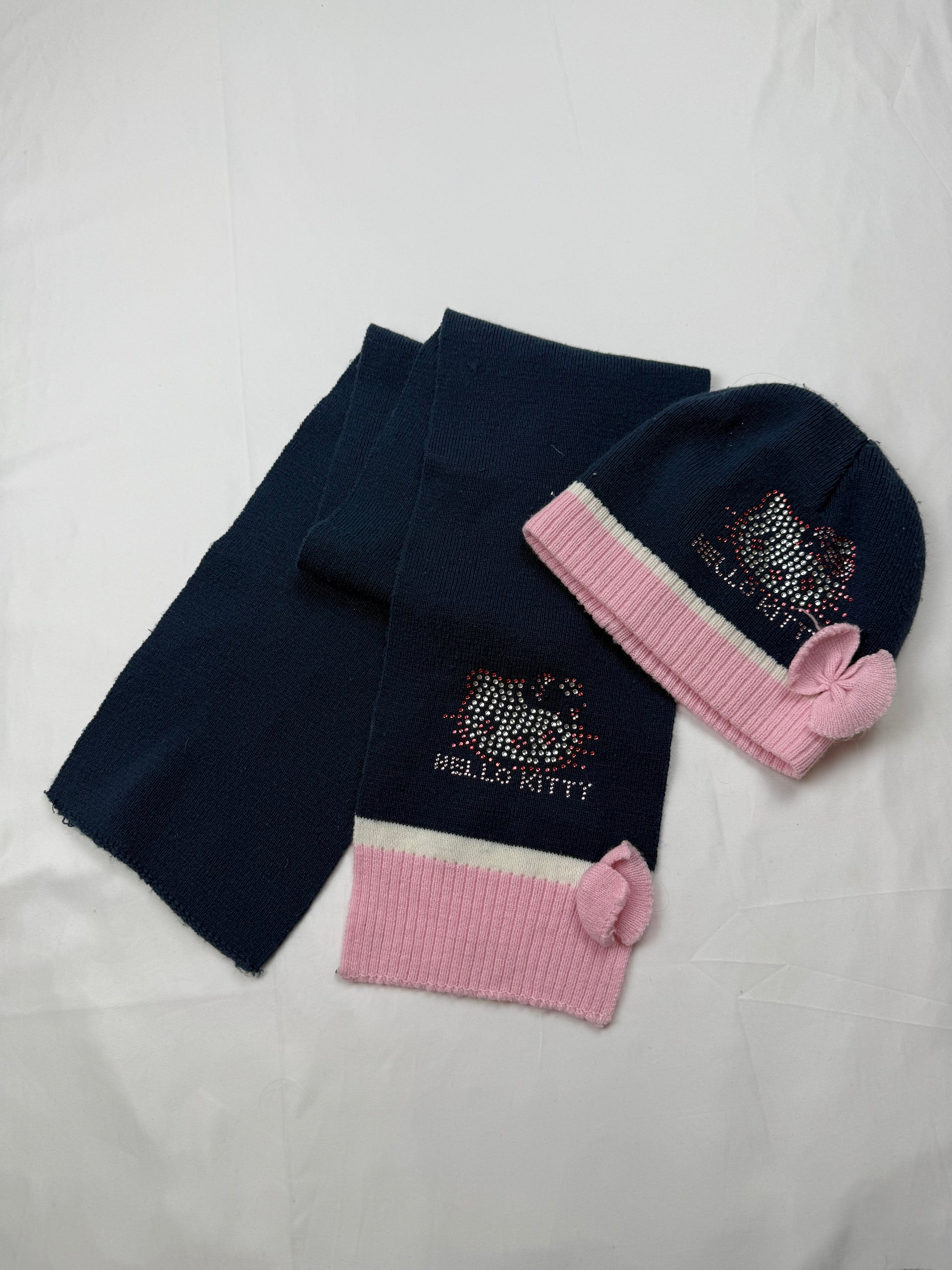 Navy & pink strass logo knitted scarf & beanie