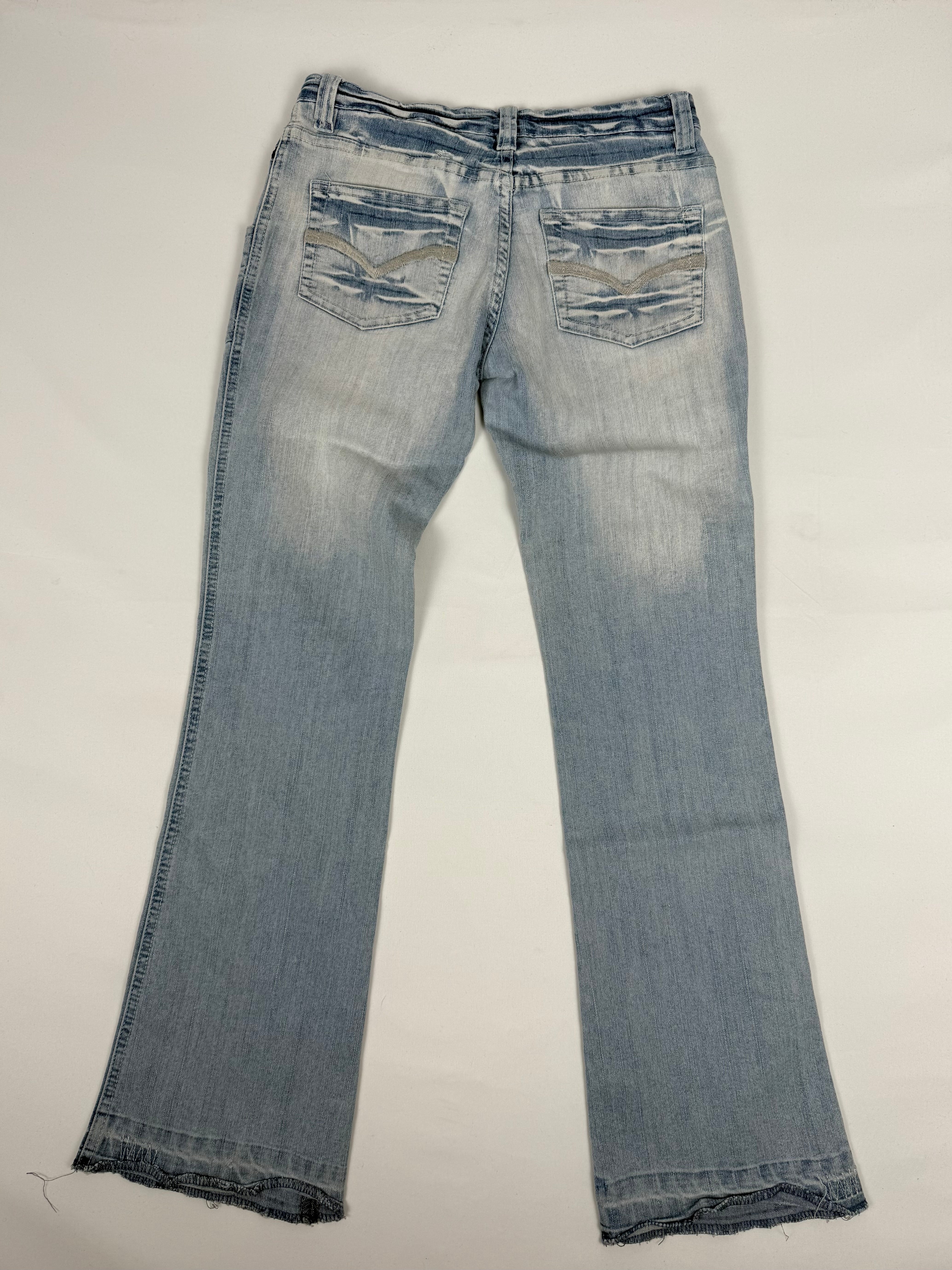 Blue denim low rise flare pants (XS)