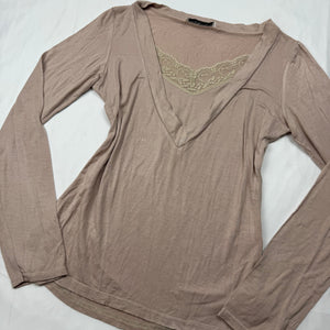 Beige tight fit lace neck long sleeves top (S)