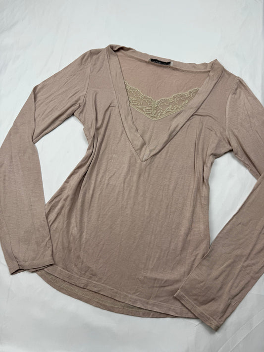 Beige tight fit lace neck long sleeves top (S)