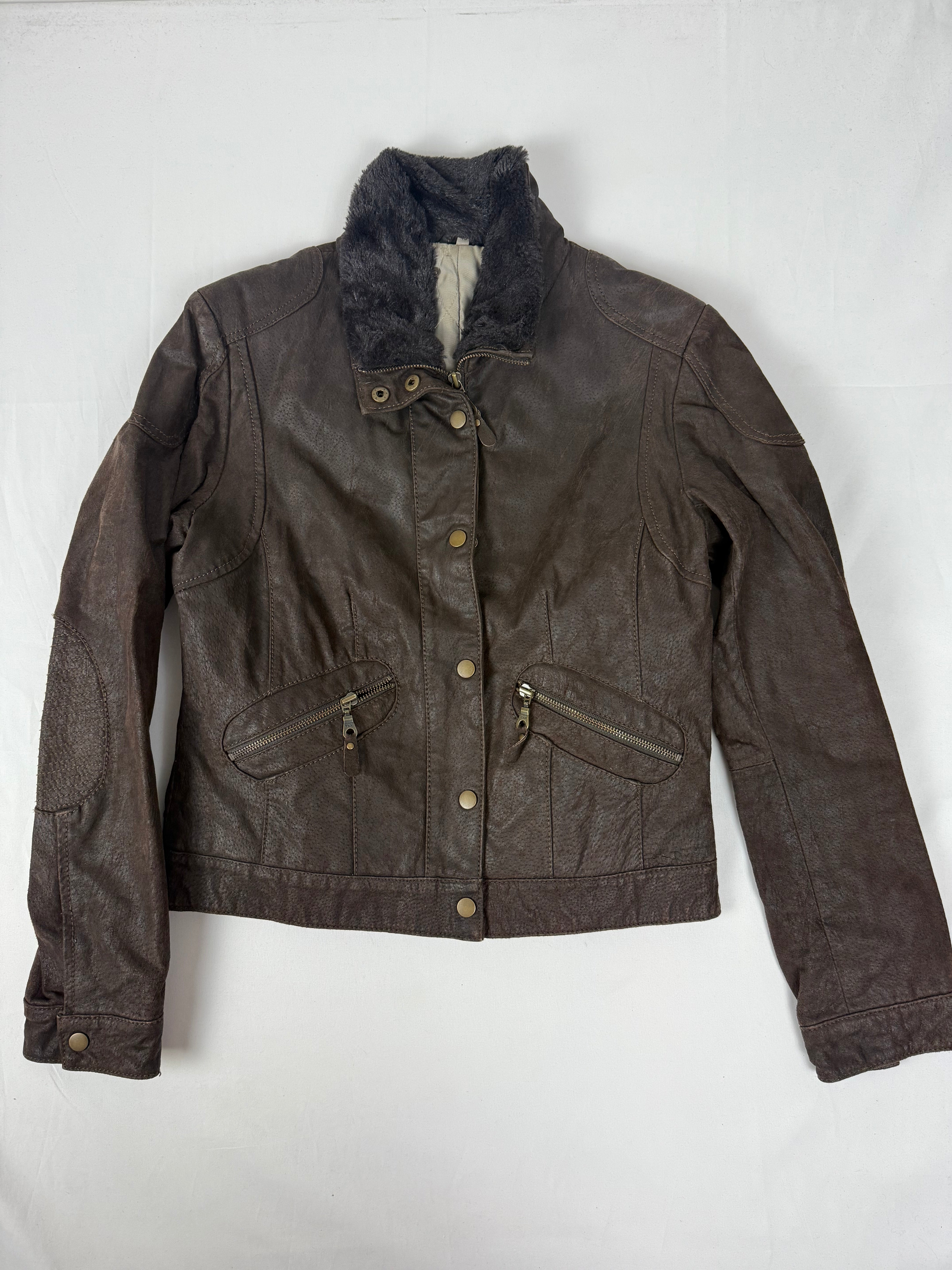 Brown real suede leather biker jacket (S)