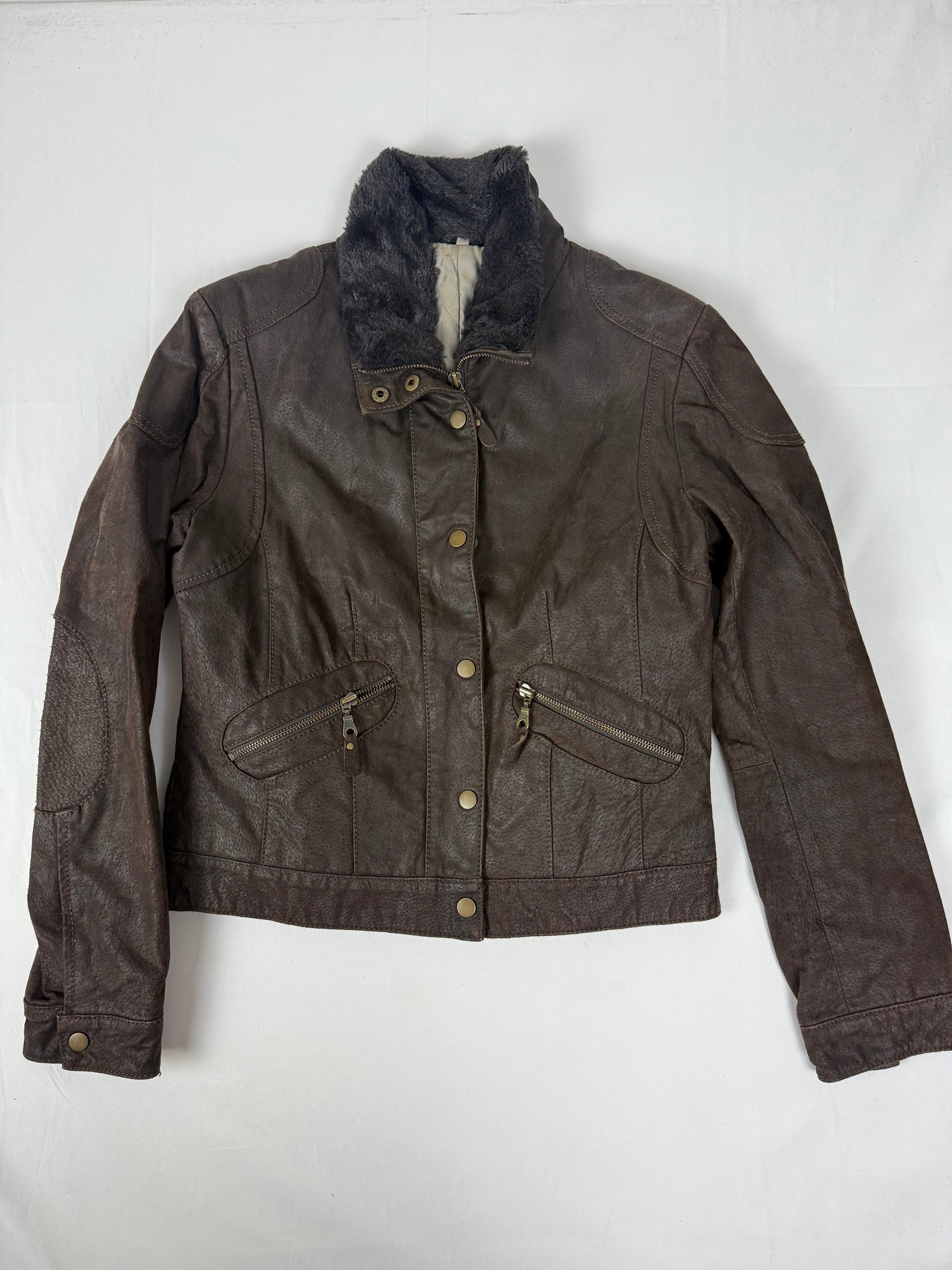 Brown real suede leather biker jacket (S)