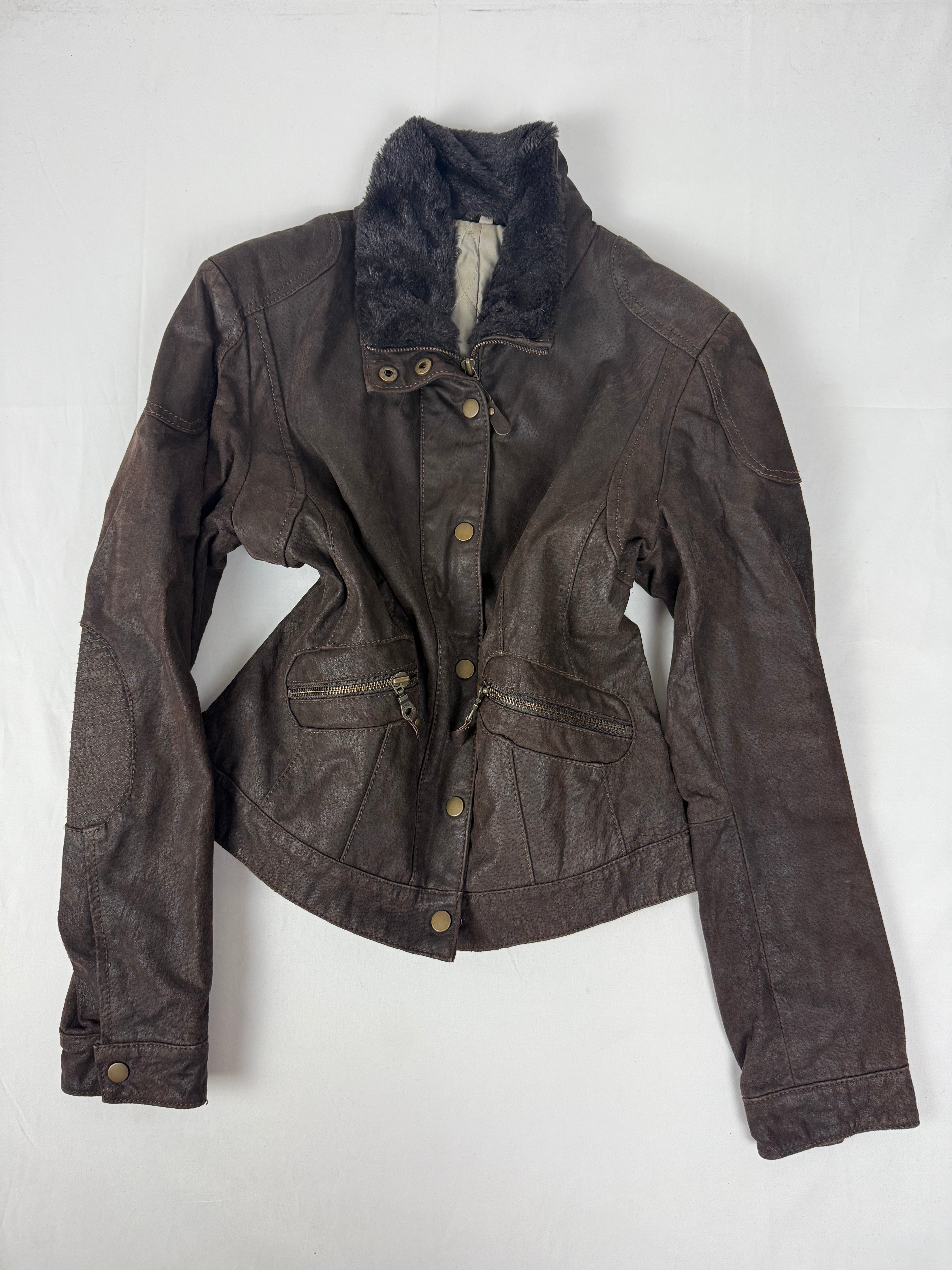 Brown real suede leather biker jacket (S)