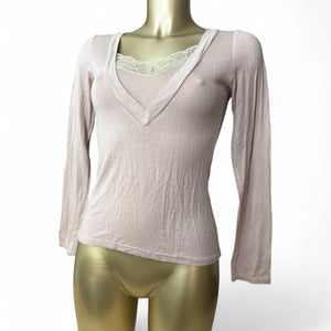 Beige tight fit lace neck long sleeves top (S)
