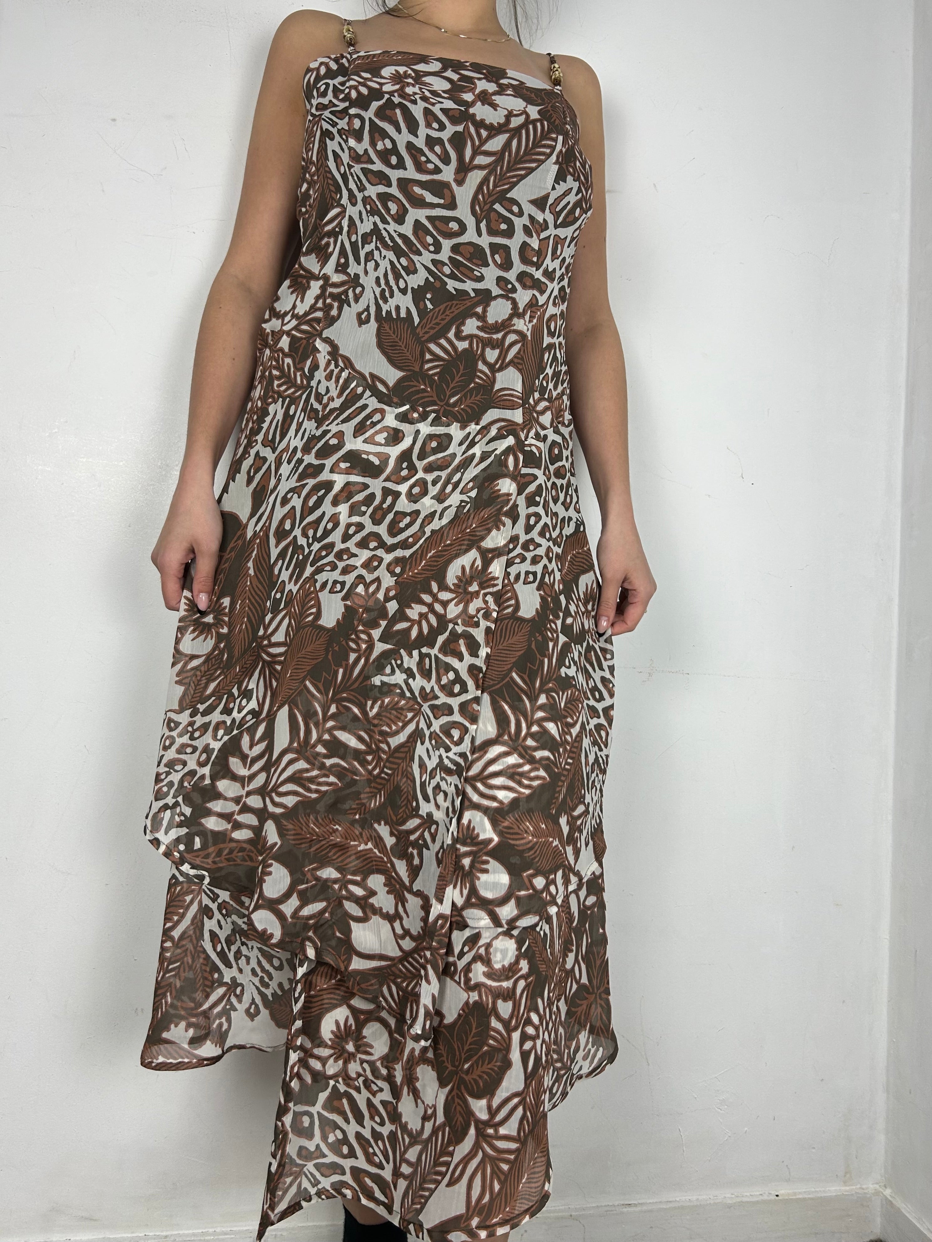 Beige graphic print mesh lined asymmetric dress (L)