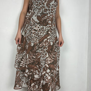 Beige graphic print mesh lined asymmetric dress (L)