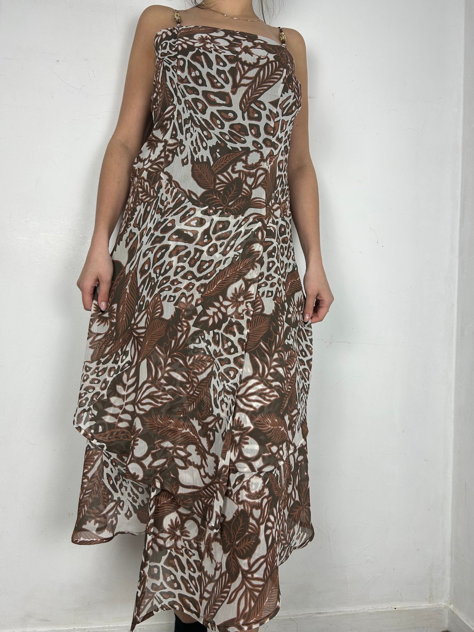 Beige graphic print mesh lined asymmetric dress (L)
