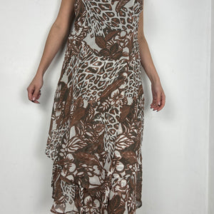 Beige graphic print mesh lined asymmetric dress (L)