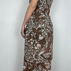 Beige graphic print mesh lined asymmetric dress (L)
