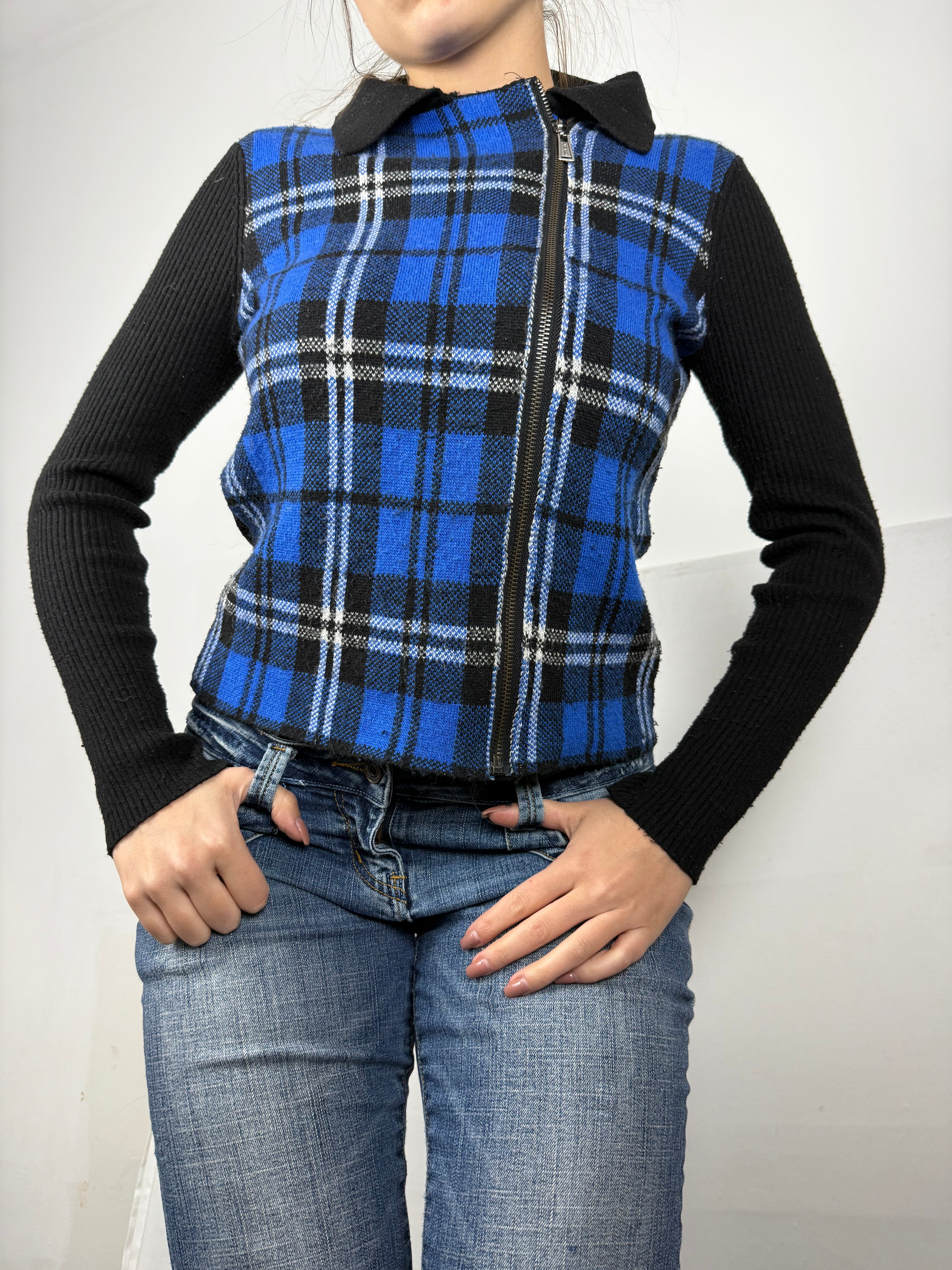 Blue check print knitted biker jacket (S/M)