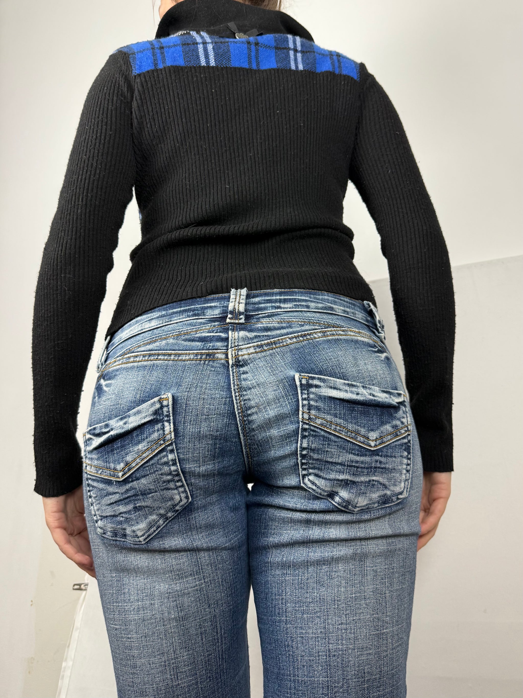 Blue check print knitted biker jacket (S/M)