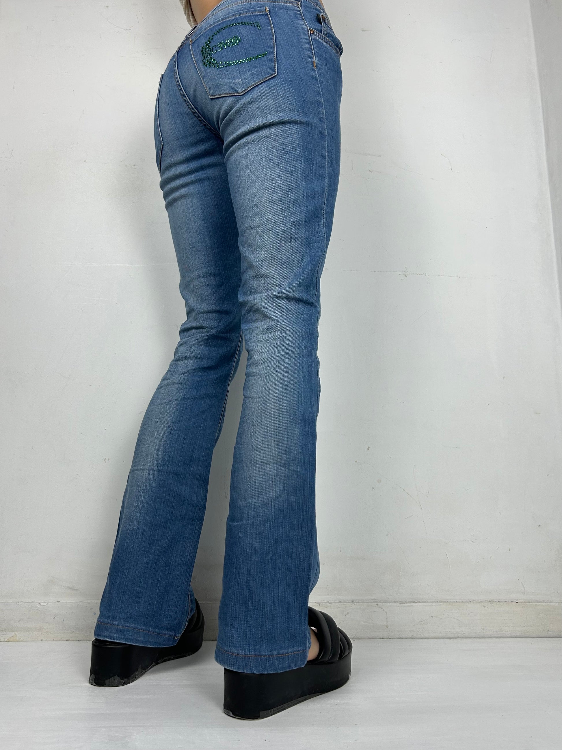 Strass denim low rise bootcut pants (S)